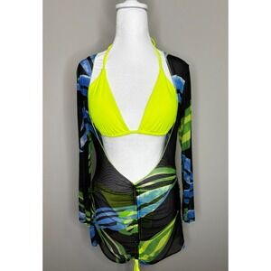 Shein Neon Yellow Two Piece Triangle String Tie Bikini Bathing‎ Suit NWOT Large